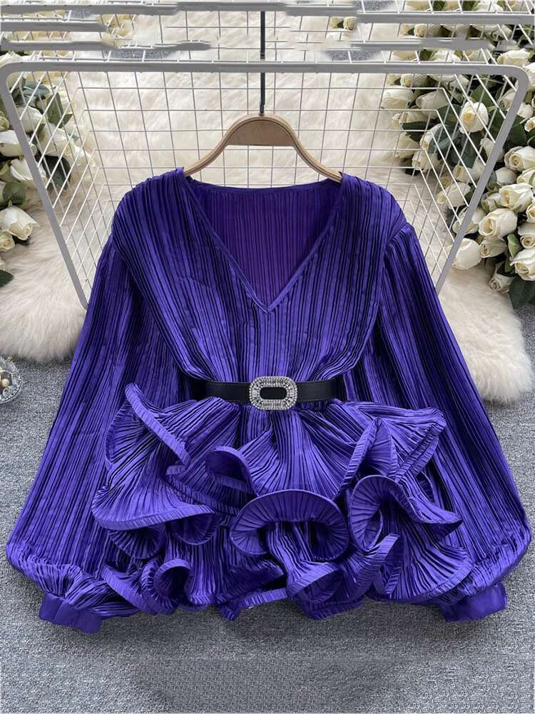 XFPV Elegant Solid V-Neck Belt Ruffles Patchwork Slim Blouse Women Temperament Basics Shirt 2025 Summer New Tide Fashion Sm6134