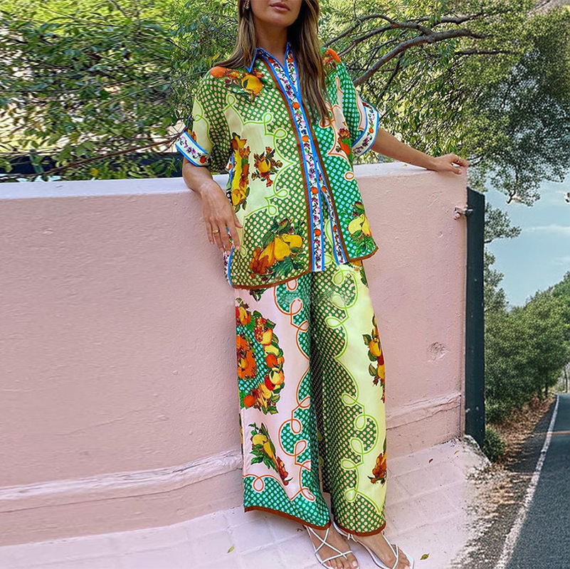 2025 style commuting printed color blocked short sleeved shirt, wide leg pants, spring women's suit