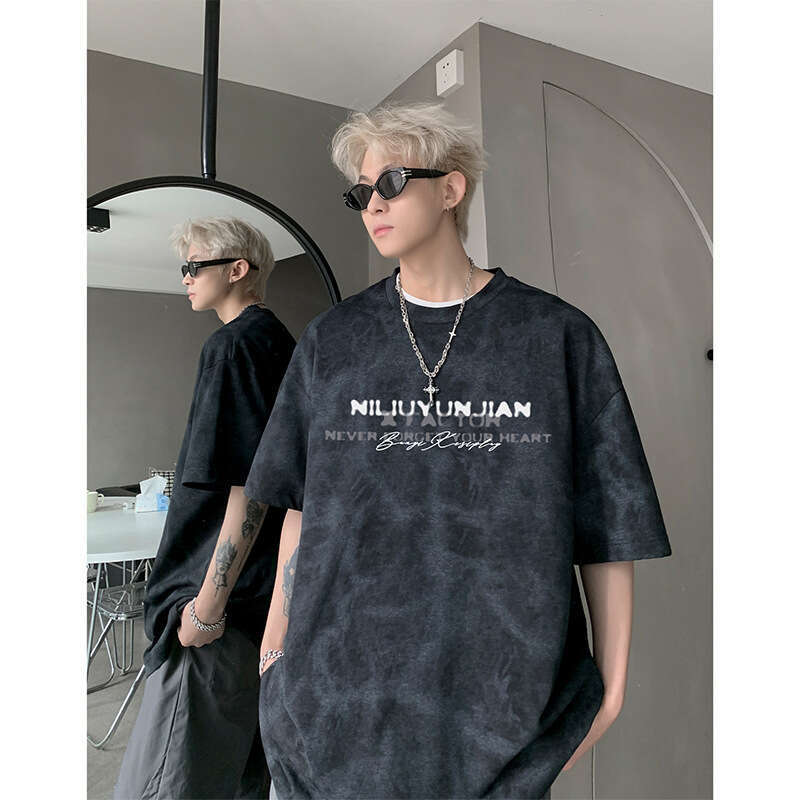 American tie dye short men in the summer of 2025, new style, cool and trendy brand, loose half sleeved T-shirt for teenagers
