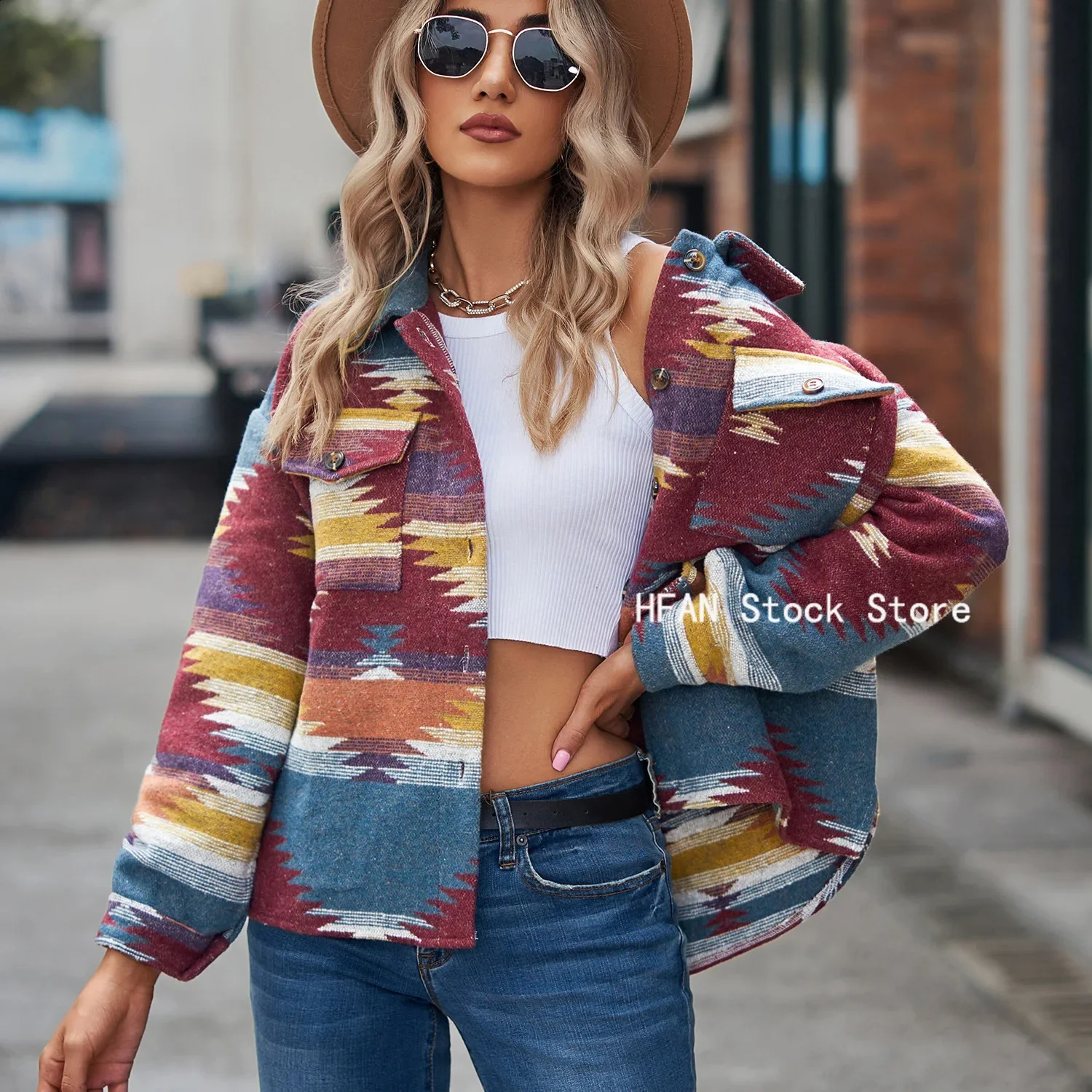 Retro jacket womens patchwork loose jacket denim print Aztec retro ethnic style long sleeved streetwear womens Gothic jacket 250317