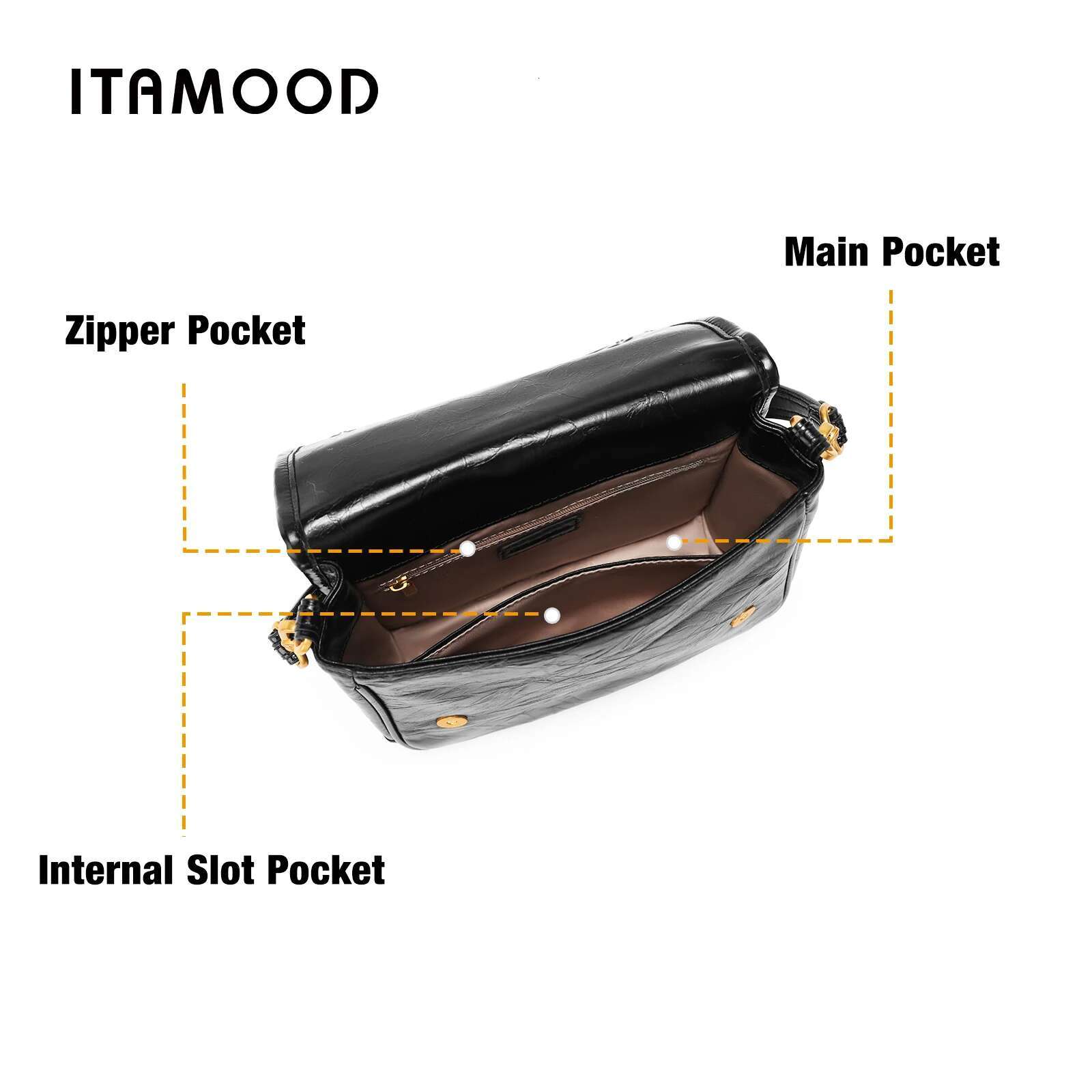 ITAMOOD Vintage-Style Shoulder Bag With Adjustable Strap 2-Layer Cowhide Leather Water-Resistant Magnetic Closure
