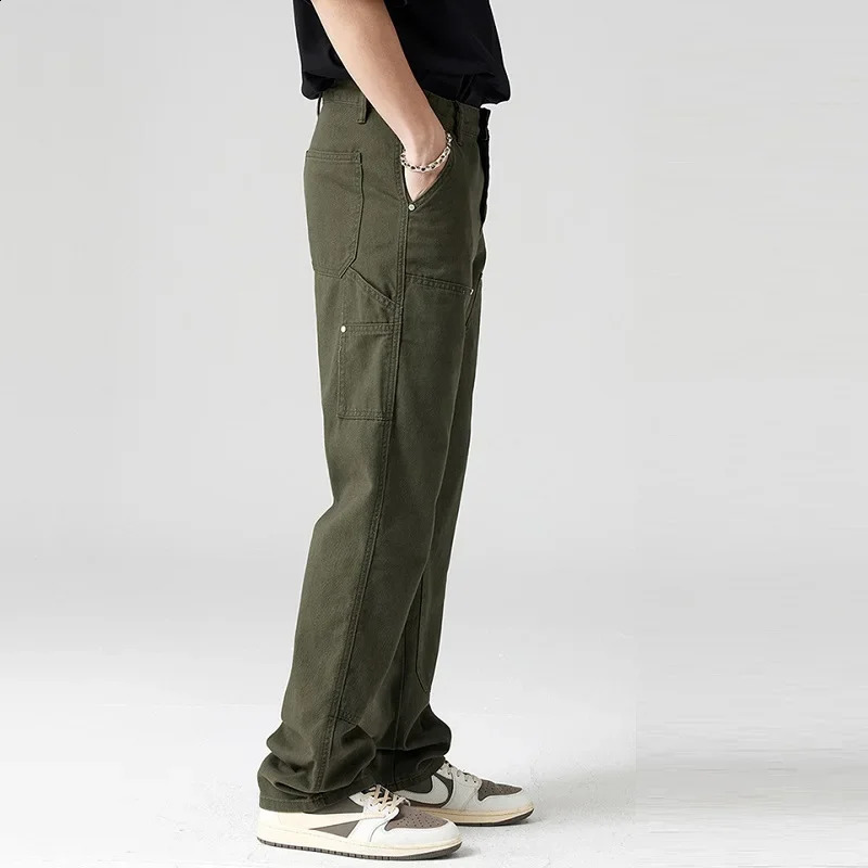 mens casual straight wide leg cargo winter wool lining warm cotton loose style carpenter street clothing 250319