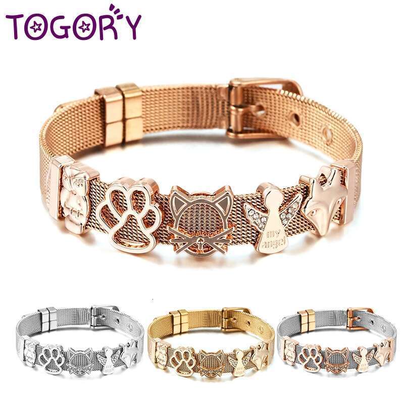 Stainless Steel Watch Belt Mesh Bracelet Micro Pave CZ Crystal Fairy Fox Charm Bracelet For Women Men Party Wedding Jewelry Gift