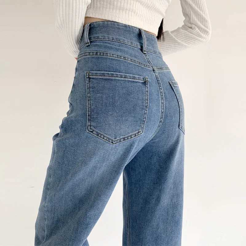 Womens Jeans Autumn High Waist Loose Straight Denim Pants Black Blue Fashion Korean Street Stretch Soft Comfortable TrousersT250319