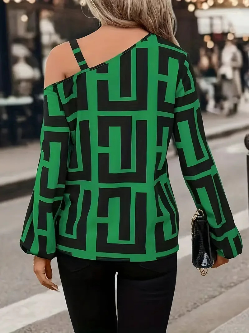 Elegant Geometric Printed Womens Shirt Spring 2025 Product Diagonal Neck Shoulder Long Sleeve Hoodie Casual for Women 250319