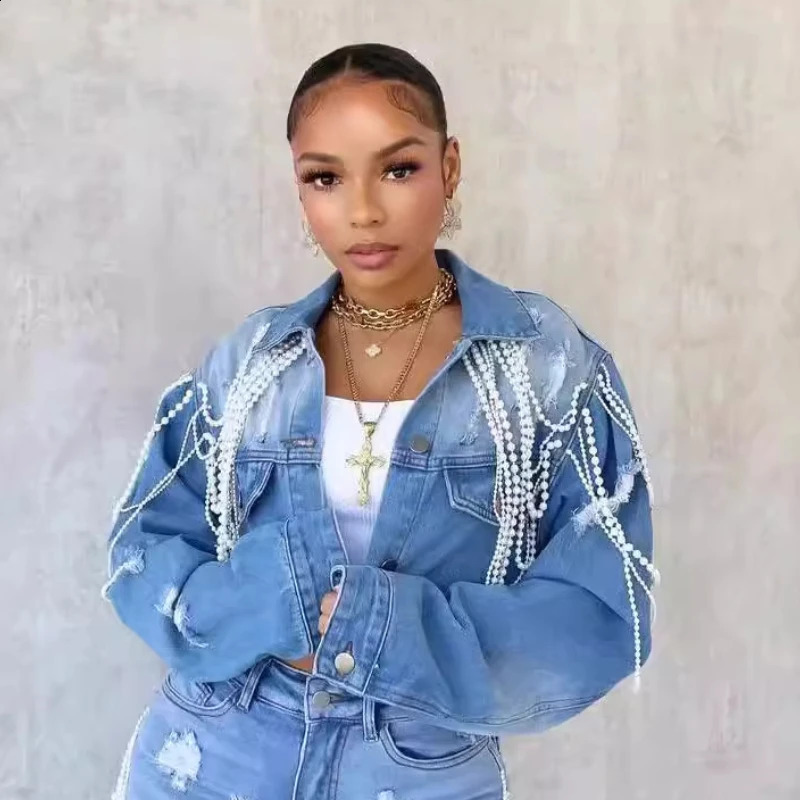 Womens Denim Coats Single Breasted Short Coat Casual Pearl Turn Down Collar Y2k Streetwear Jackets Punk Splice Jacket Elegant 250319