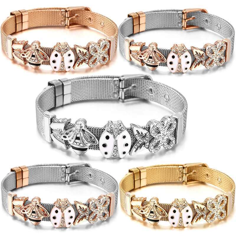 10Mm Crystal Bees Butterfly Beads Charm Bracelets DIY Stainless Steel Mesh Bracelet Pulseras Mujer For Women Men Jewelry Gift