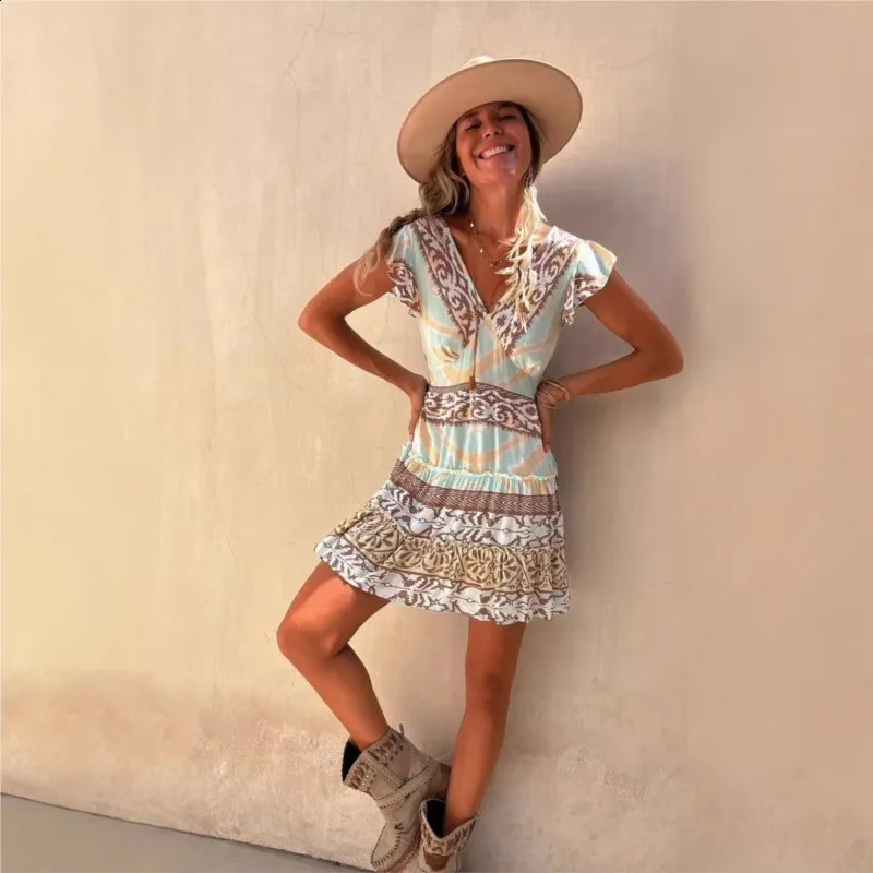Ethnic Style Short Dress Summer 2024 Womens Vneck Pullover Printed Flying Sleeves Aline Waist Cinched Skirt 250319