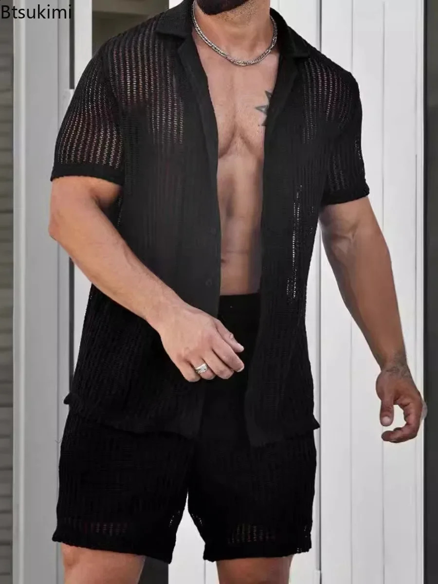 Summer Cool Breathable Mens Knitted Shirt Fashion Hollow Short Sleeve Button Collar Cardigan Top Mens Knitted Solid Polo Shirt 250317