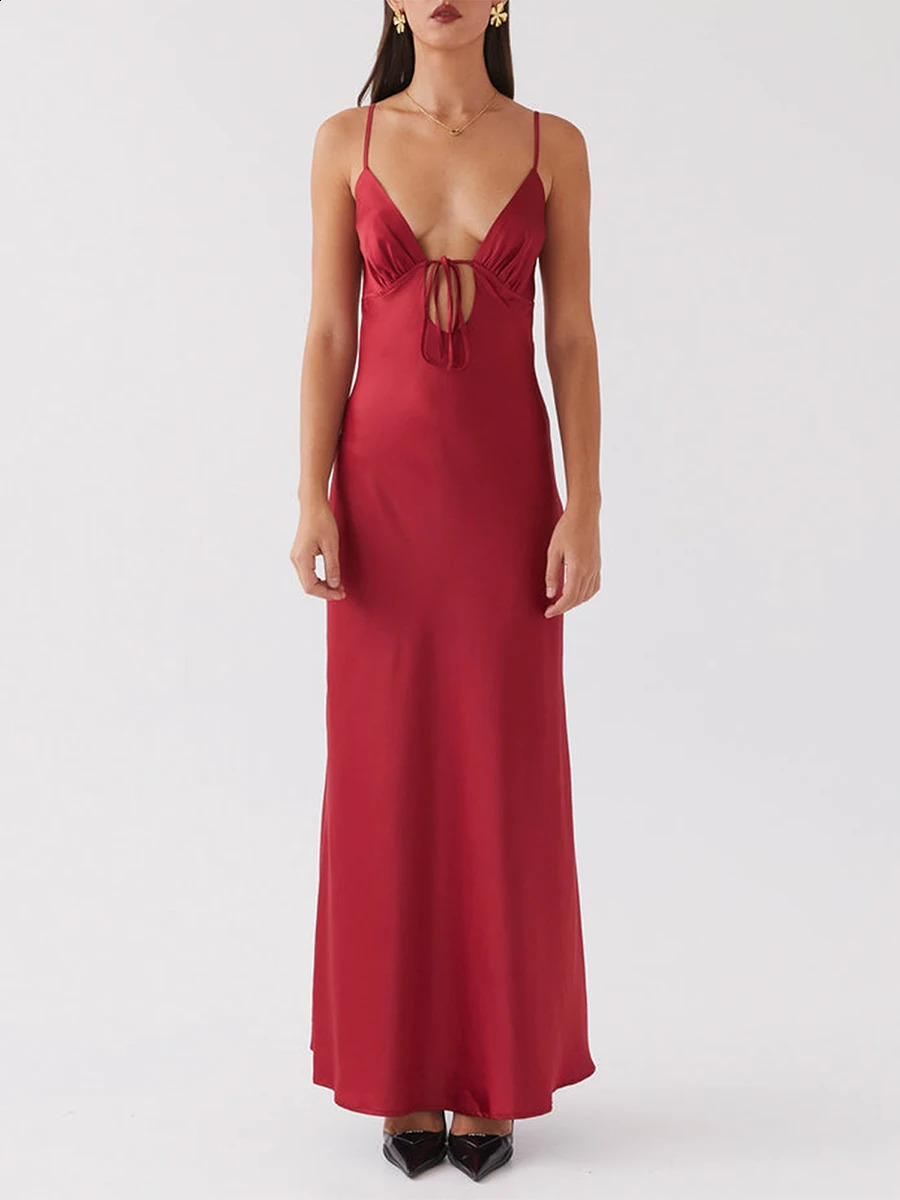 Women Satin Maxi Dress Spaghetti Strap Solid V Neck Cutout Long Dress Bodycon Backless Party Wedding Dress 250319
