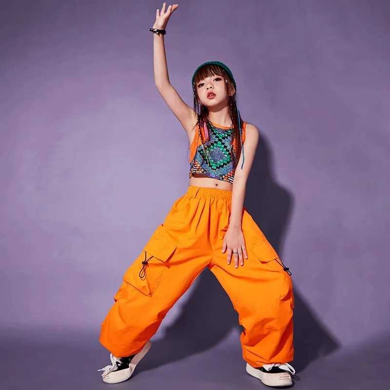 Childrens Kpop hip-hop clothing geometric print crop vest orange casual jogging cargo pants girls jazz dance clothingT250318