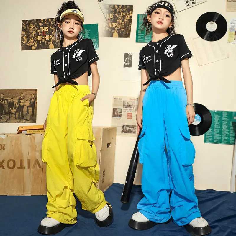 Girls cargo pants childrens hip-hop jogging pants teenagers straight pants high waisted retro casual streetwear pocket pants 5-14YT250318
