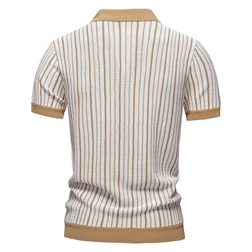Summer Ice Silk Mens Hollow Polo Shirt Breathable Soft Knitted Shirt Triple Top Short Sleeve Fashion Contrast Color Mens Shirt 250317