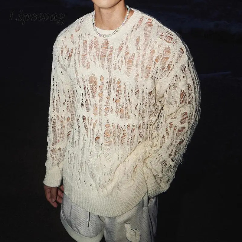 Sexy Hollow Mesh Knitted Tshirt for Men See Through Ripped Crew Neck Pullover Tops 2025 Spring Fashion 250319