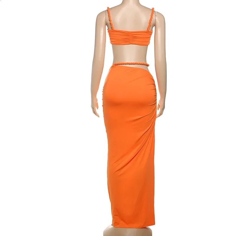 Summer Bandage Ruffle Beach Dress Set Womens Sleeveless Backless Top Tight corset Maxi Long Sleeve Two Piece Matching 250318