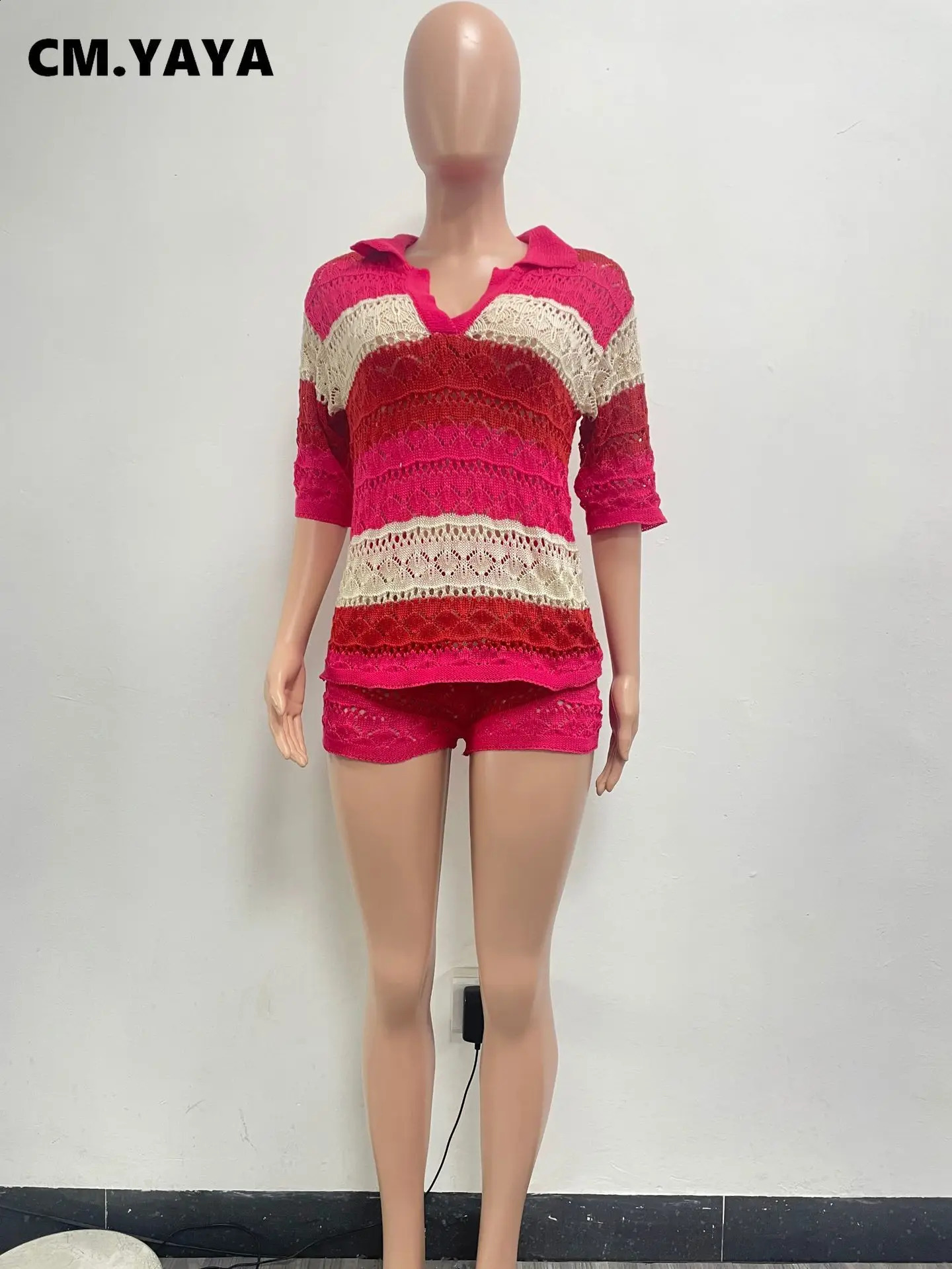 CM.YAYA Fashion Knit Ribbed Strioed Womens Set Sweater and Shorts Sets Summer Street Two 2 Piece Sets Outfits Tracksuit 250319