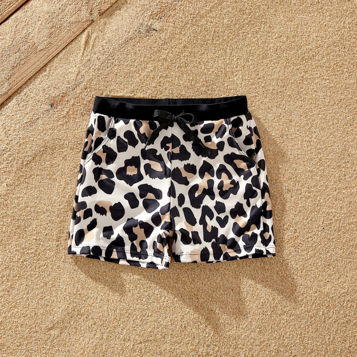 Family Matching Leopard Pattern Drawstring Swim Trunks or Ruffle Neck Two-Piece Bikini with Optional Cover Up Sarong Skirt 250319