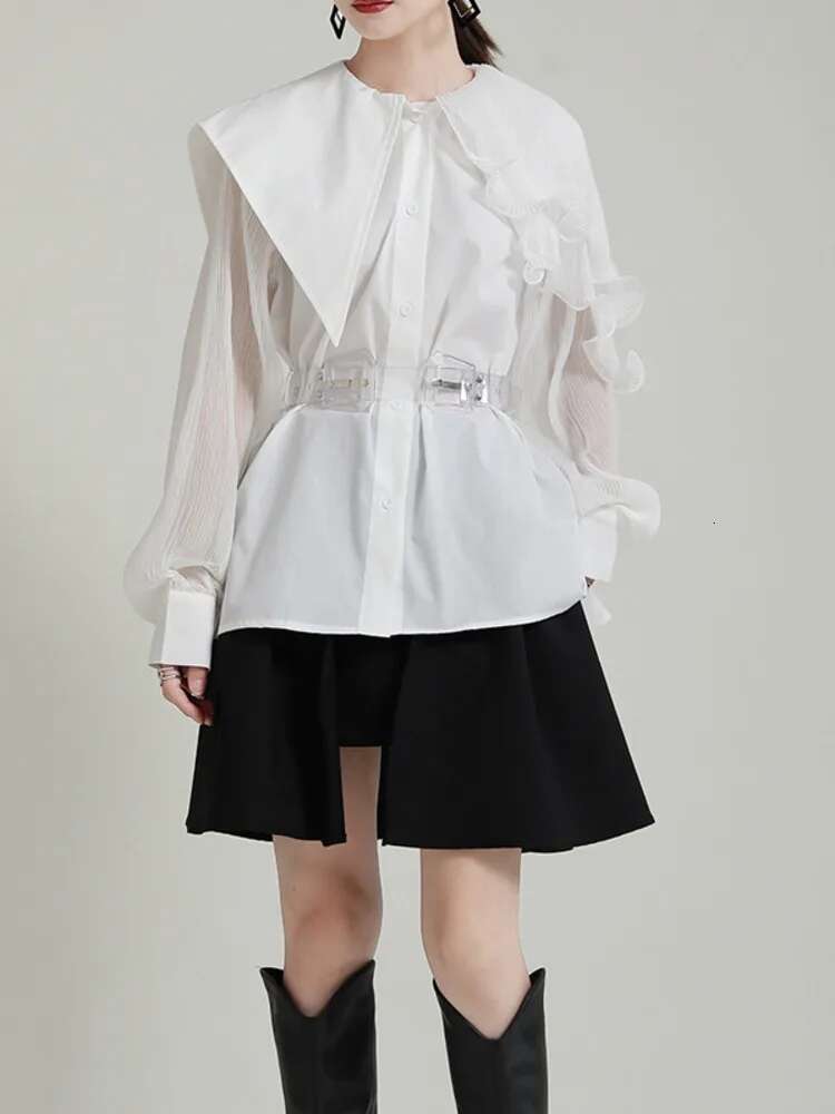 Women Green Pleated Belted Big Size Blouse New Lapel Long Sleeve Loose Fit Shirt Fashion Tide Spring Autumn 2025 1De3661