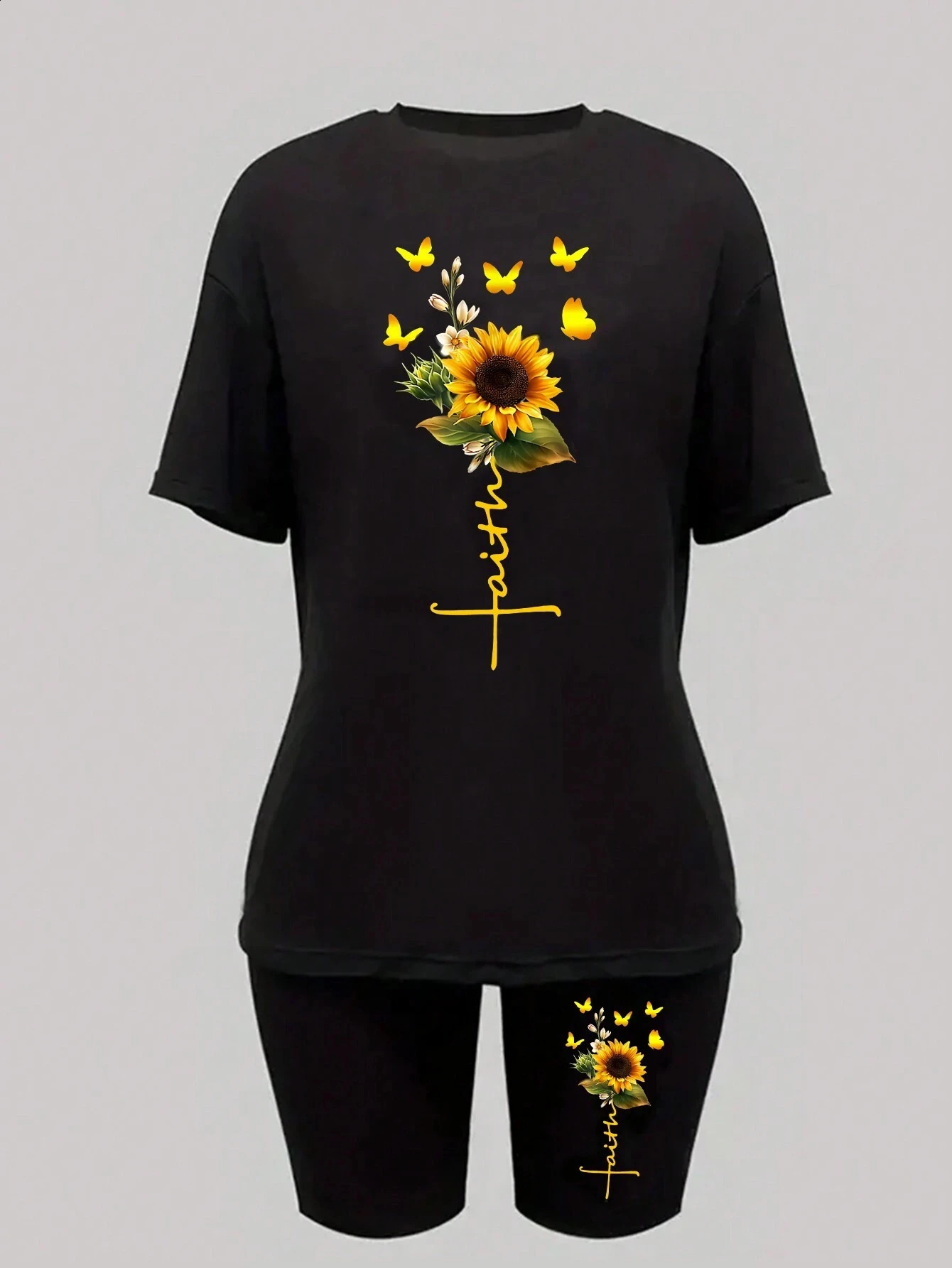 Sunflower Butterfly Beautiful Printing Women T Shirts Two Piece Set Fashion Short Sets Comfortable Breathable Shirt Shorts 250319