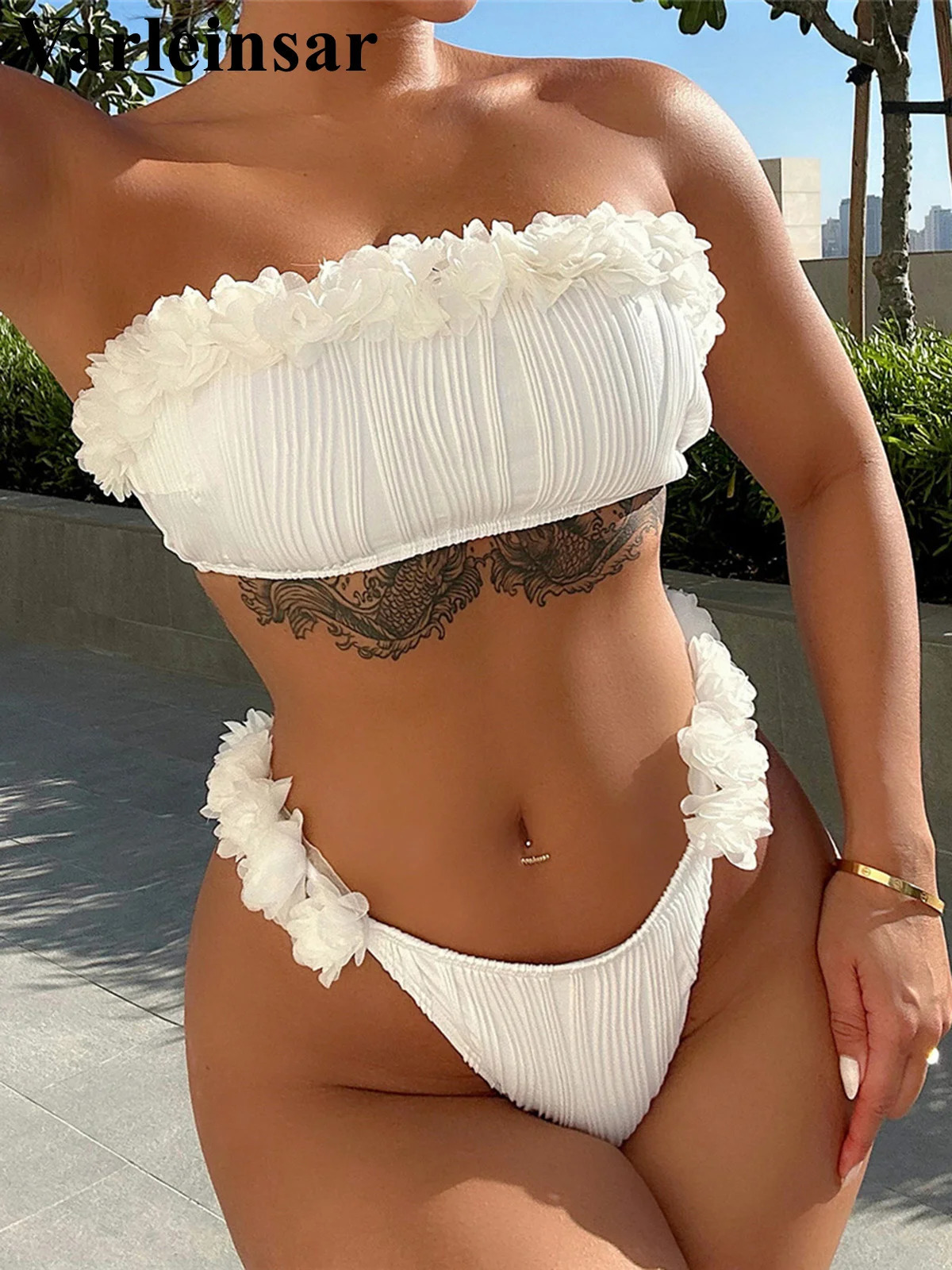 Sexy Bandeau pleated edge bikini womens swimsuit womens swimsuit two-piece bikini set bathroom swimsuit V4715 250314