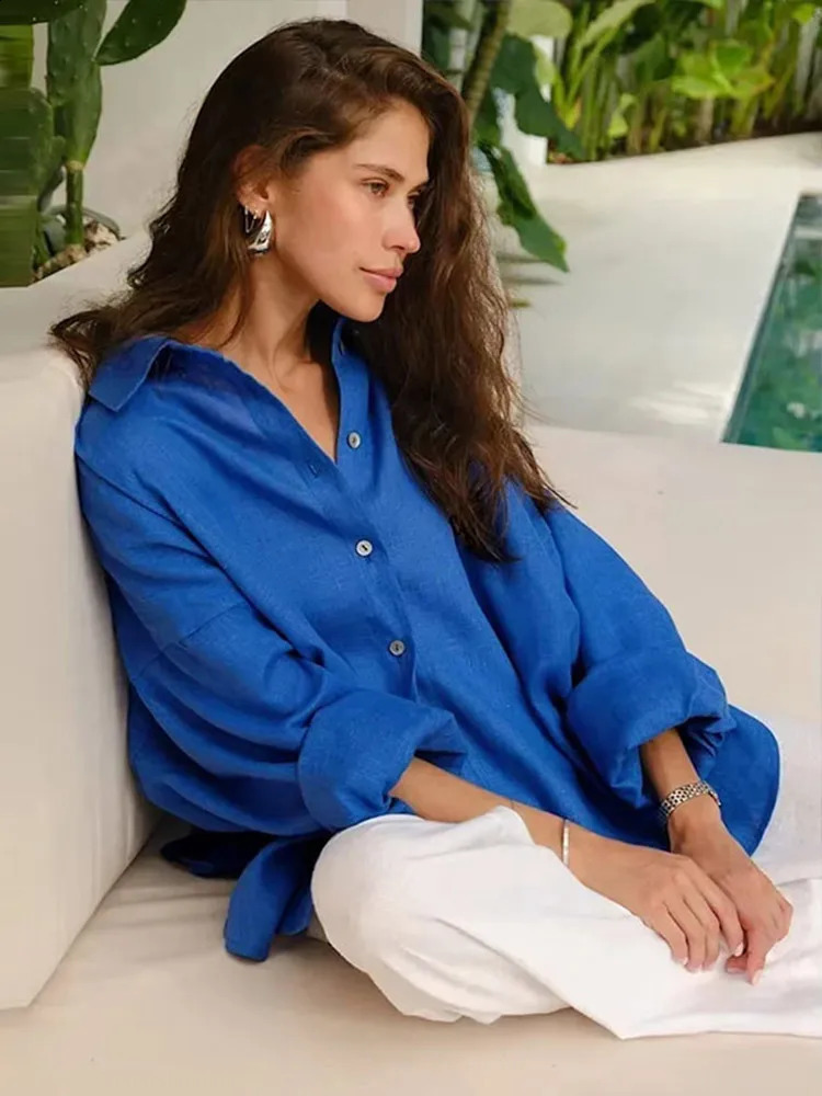 Casual button womens loose shirt solid collar long sleeved single chest womens top spring/summer womens top 250318
