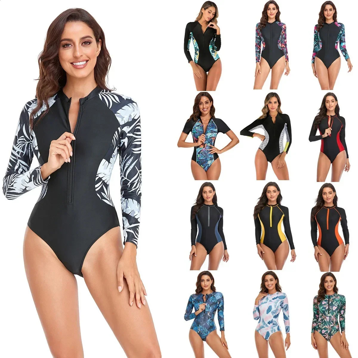 Surf long sleeved swimsuit 2025 Rash Guard womens zipper onepiece diving suit leaf print 250312
