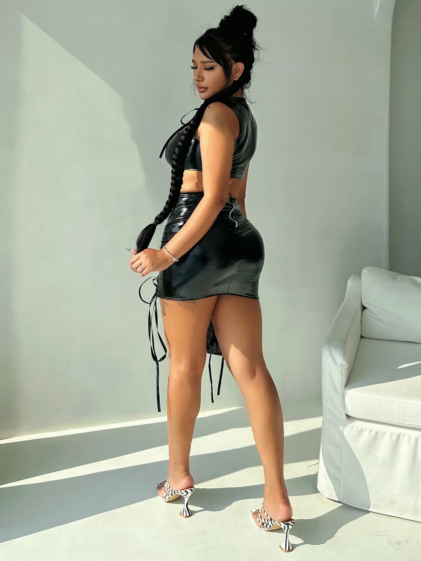Women Sexy Lace Up PU Leather Hollow Out Crop Top And Bodycon Mini Skirt Two 2 Piece Sets Fashion Street Party Outfits 250319