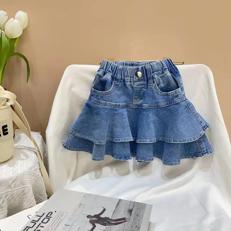 Little Girl Denim Skirt Mini Flared Pleated Toddler Denim Short Skirt Lined with Shorts 250319