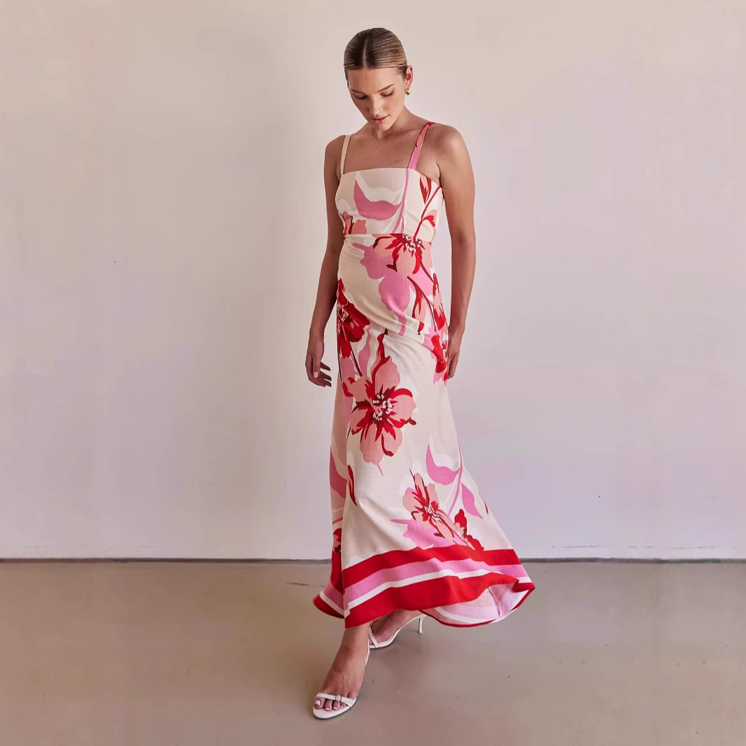 25 Year New Women's Long Skirt Vacation Style Slimming Flower Printed Strap Dress -68531