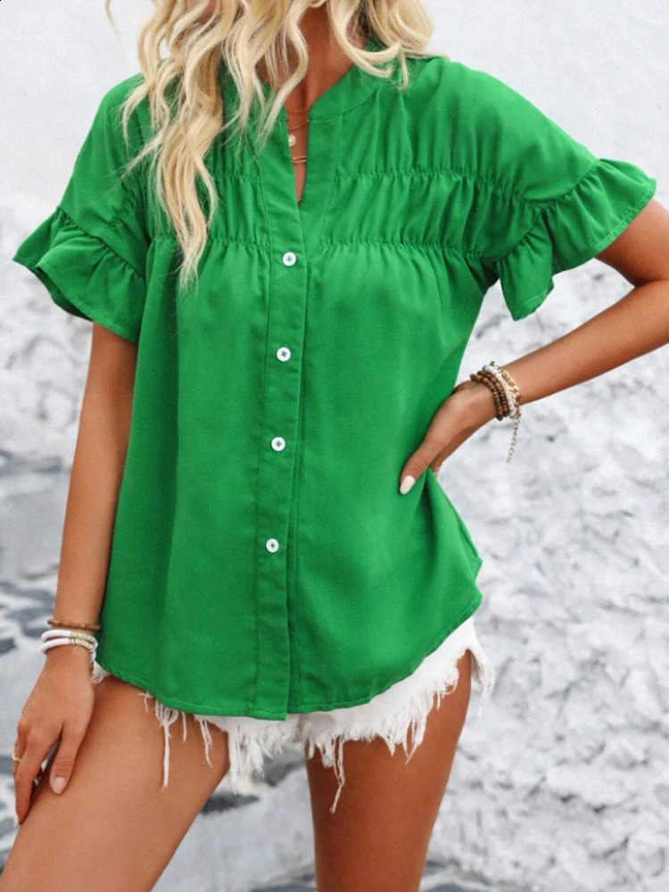 Womens solid color button short sleeved shirt 250318