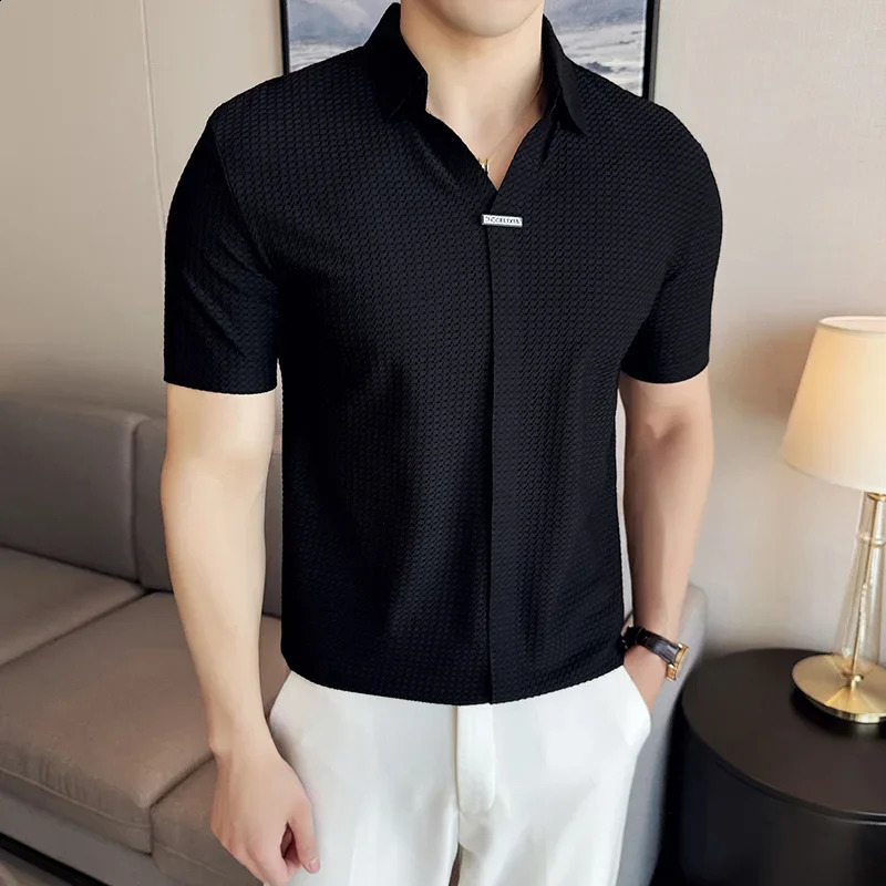 Mens Waffle Polo Shirt British Style Summer Ice Silk Thin Solid Casual Elastic Slim Fit Short Sleeved T-shirt Mens Clothing 250318