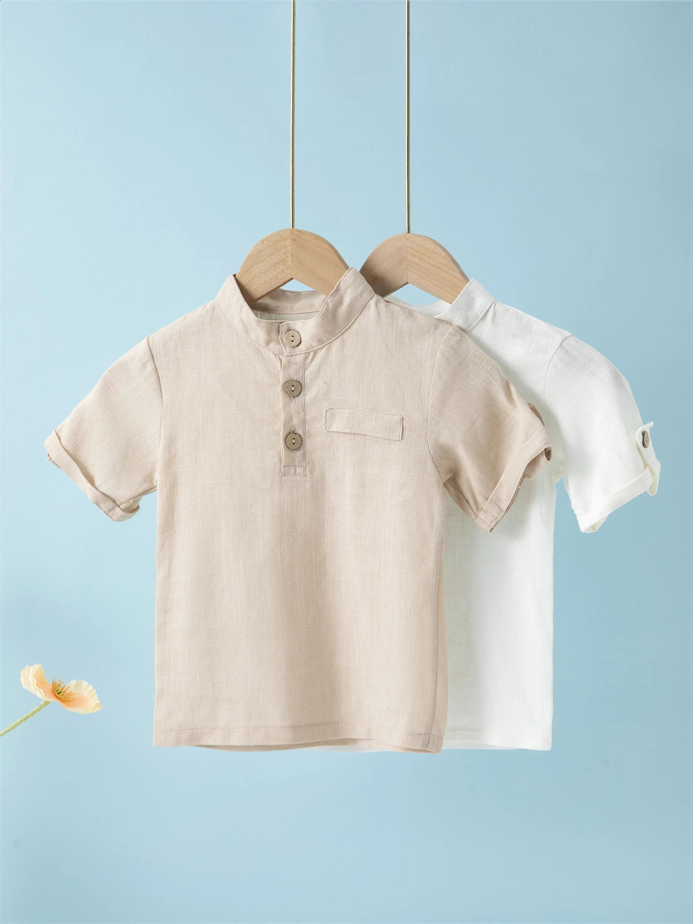 Short Sleeve Polo Shirt for Children Casual Mandarin Collar Solid Color Cotton-Linen Blend Thin Summer 250319