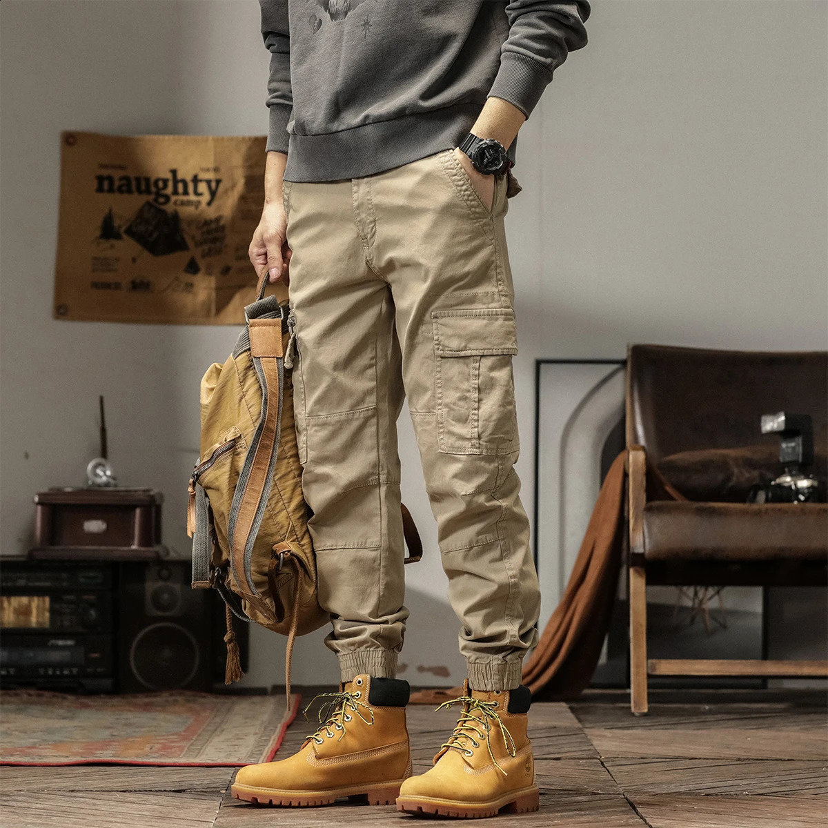 Ankle Length Mens Product Pants Cotton Stretch Casual Camouflage Collar Cuffs Jogging Multi Zipper Pocket Set Tie 250319
