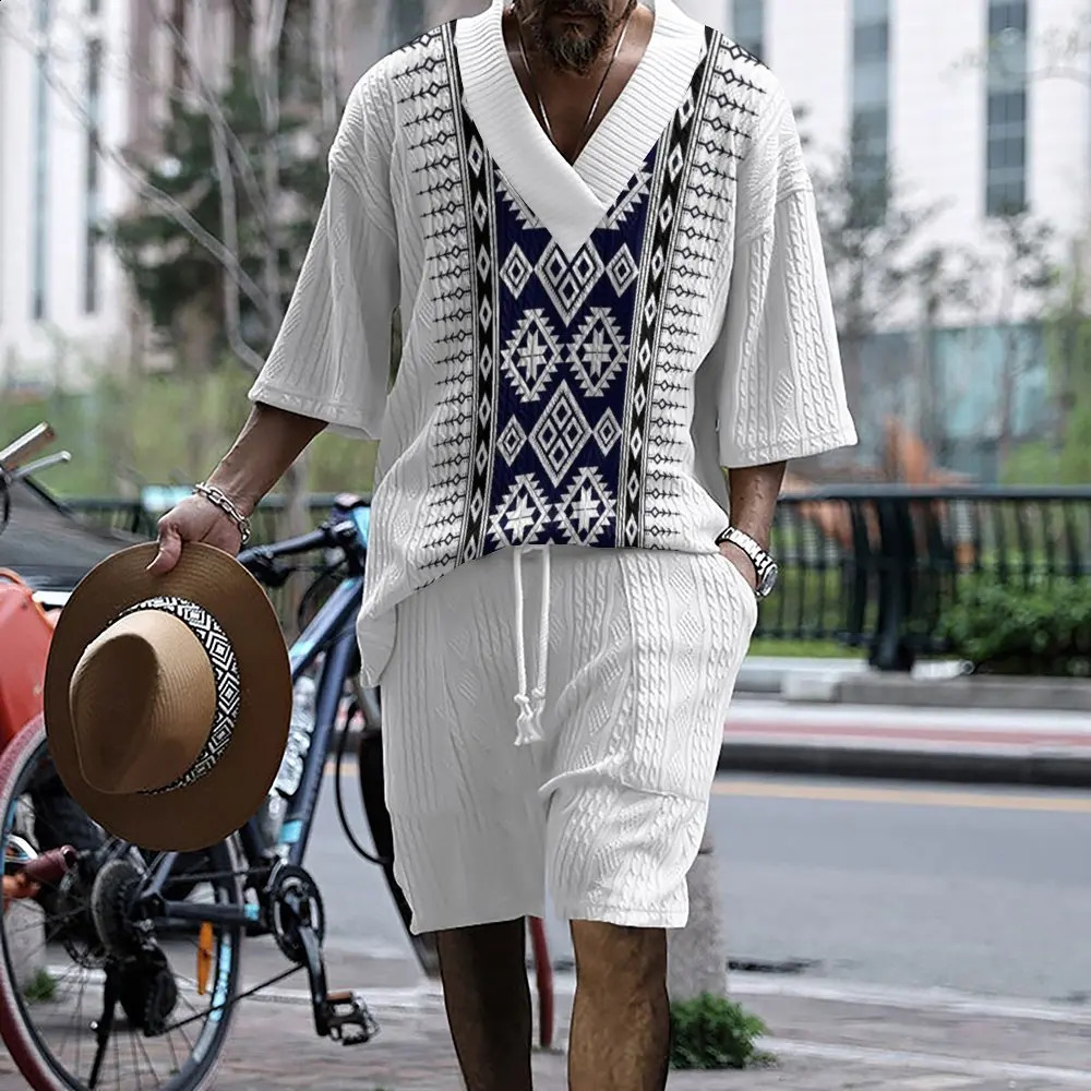 summer mens loose casual sportswear highquality jacquard Vneck short sleeved twopiece clothing 250318