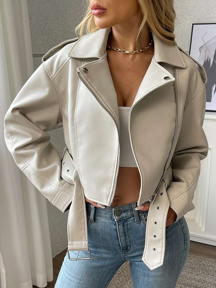 Aigo Streetwear Women Loose Moto Biker Pu Faux Leather Jacket Spring Autumn Female Zipper Belt Retro Coat Outwear