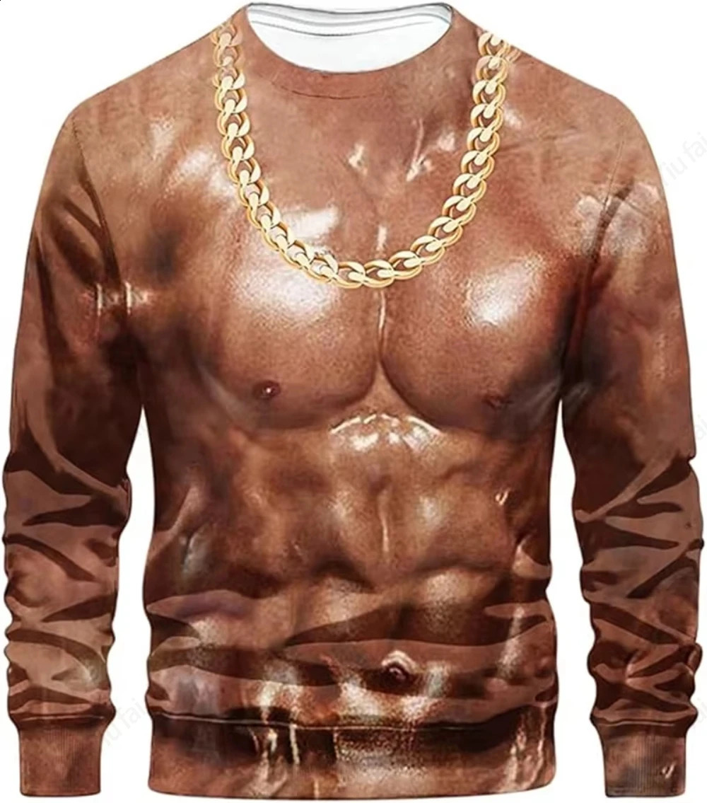 Crewneck long sleeved Tshirt 3D fun muscle body print ultrathin mens top ugly chest hair 250319