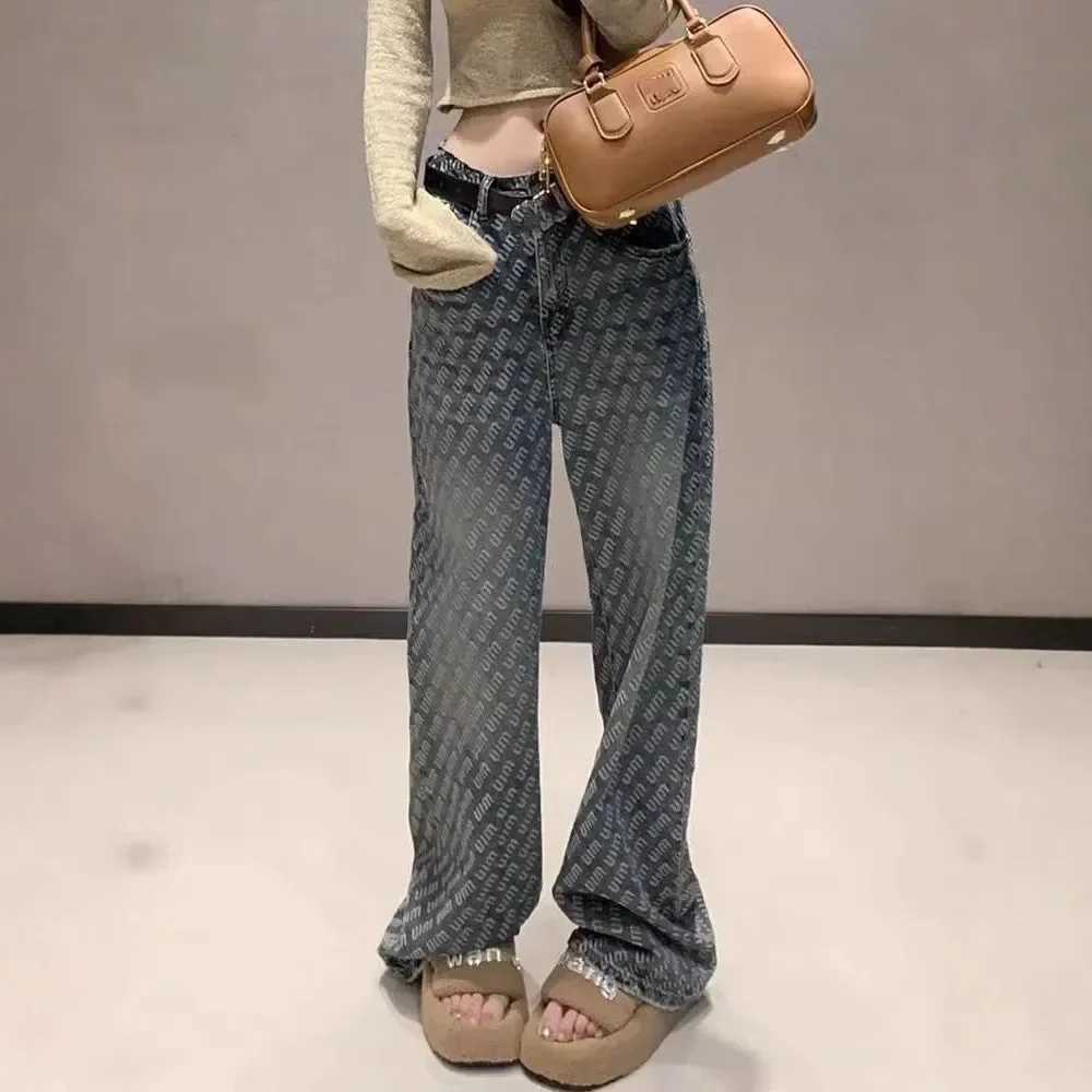 New Fashion Weight Loss Straight Leg Long Jeans Suitable for Women High Waist Loose Tight Denim Trouser Fashionable Letter Printing DesignT250319