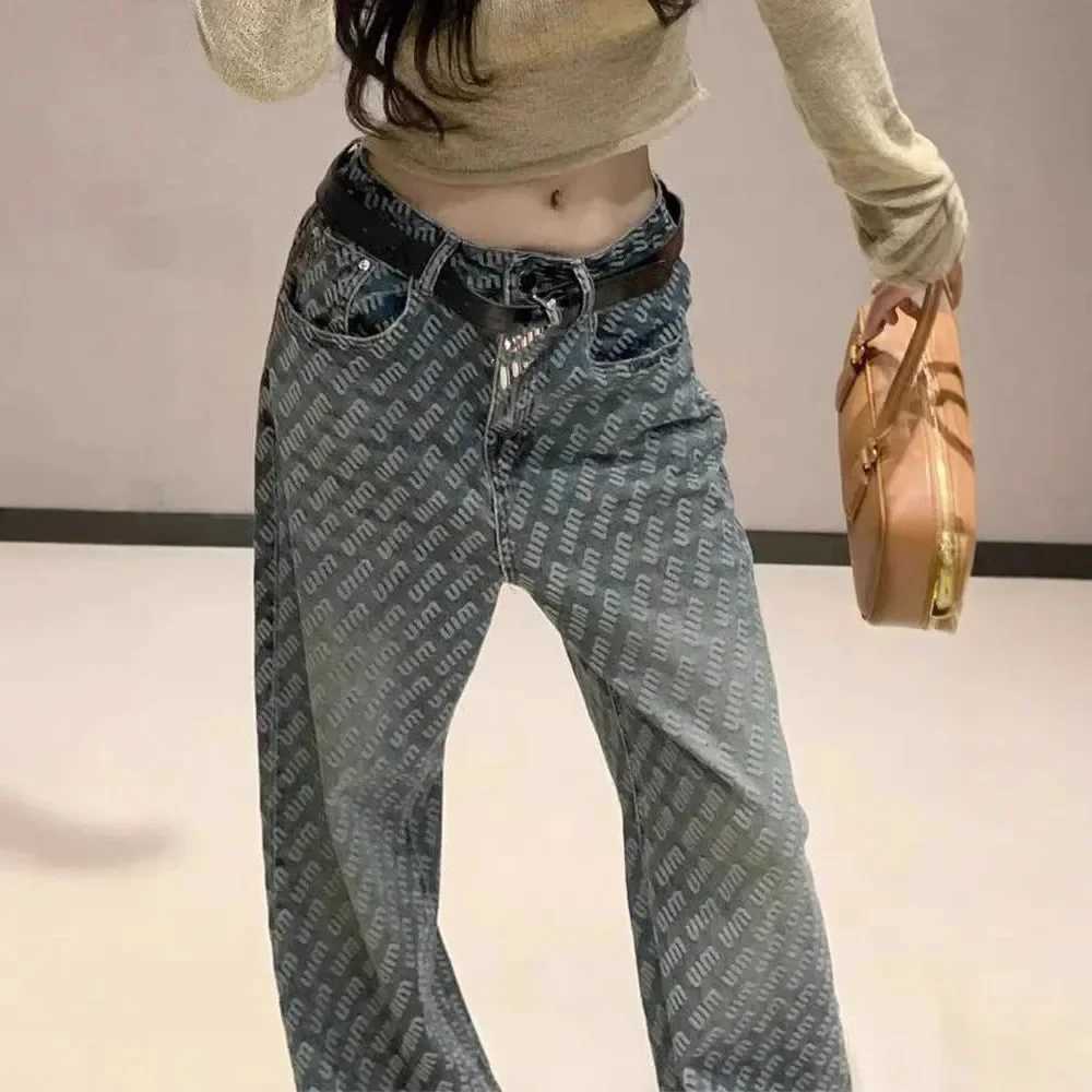 New Fashion Weight Loss Straight Leg Long Jeans Suitable for Women High Waist Loose Tight Denim Trouser Fashionable Letter Printing DesignT250319