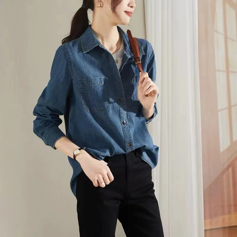 #3129 Blue Denim Shirts Women Long Sleeve Cotton 100% Vintage Jeans Shirts Femme Loose Ladies Tops And Blouses Spring Autumn 250318