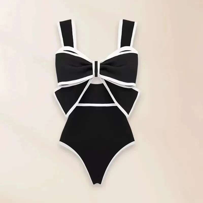 Black and white retro one-piece swimsuit, tie, skirt, sexy, monokini, beachwear, beachwear, 2025