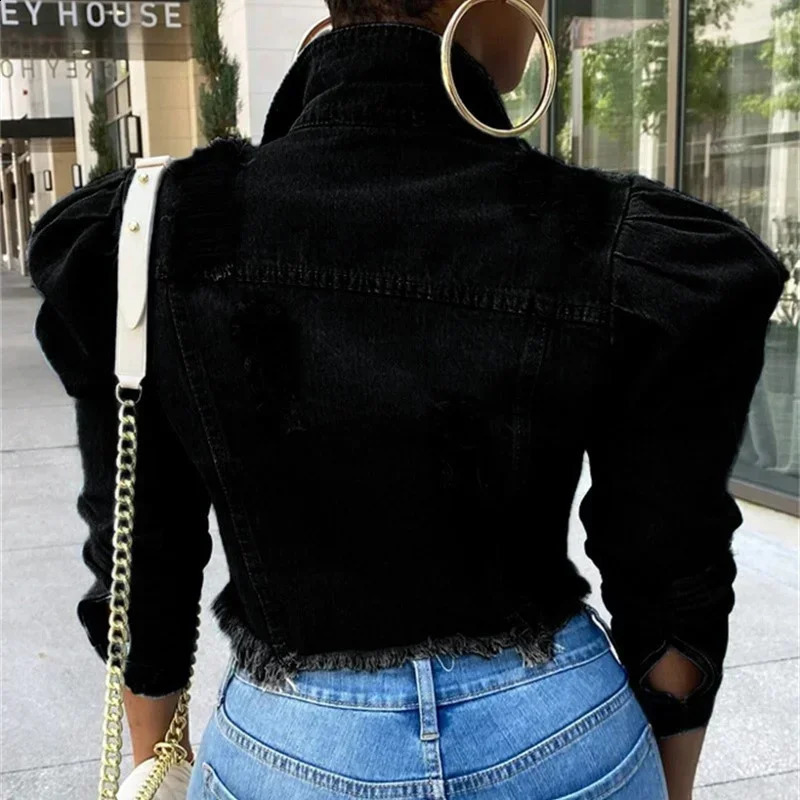 Fashionable Bubble Long Sleeve Collar Button Spliced Denim Jacket for Womens Piercing Tassel Trend Street Clothing 250319