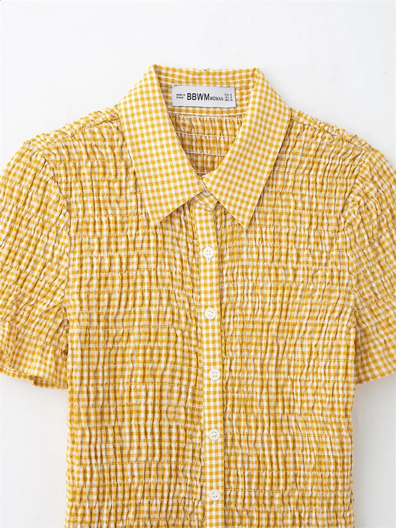 Yellow plain mini dress single chest ultrathin womens 2025 re export collar short sleeved casual summer 250319