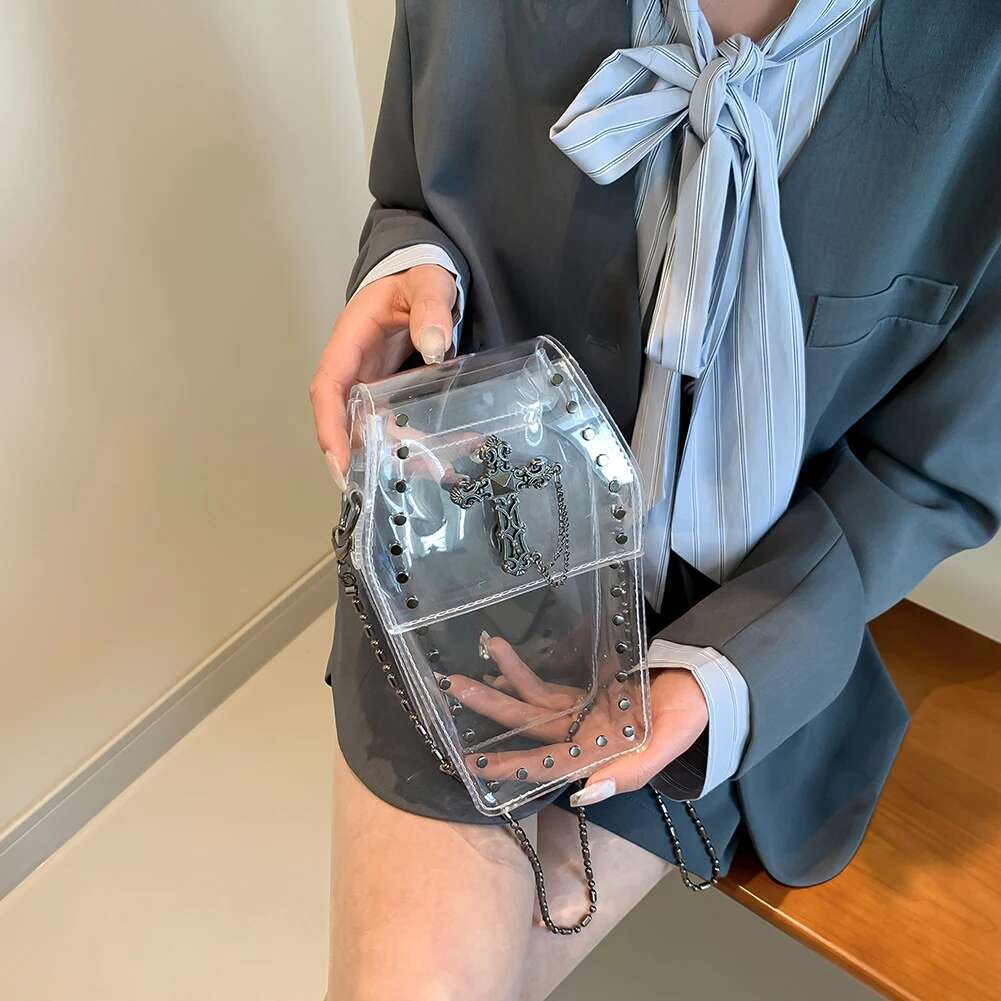 Women Gothic Crossbody PVC Clear Jelly Satchel Cross Coffin Sg Stadium Approved Phone Bag
