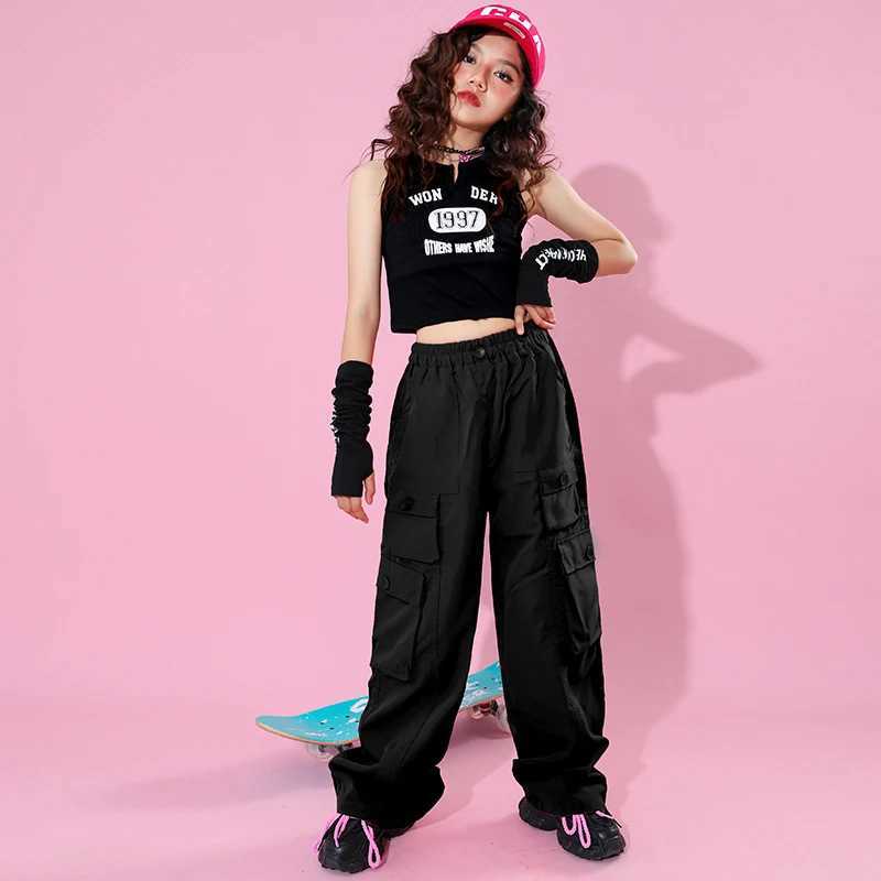 Black cargo pants teenage girls new summer streetwear hip-hop straight Trousers and multi pocket children aged 6 8 10 12 and 14T250318