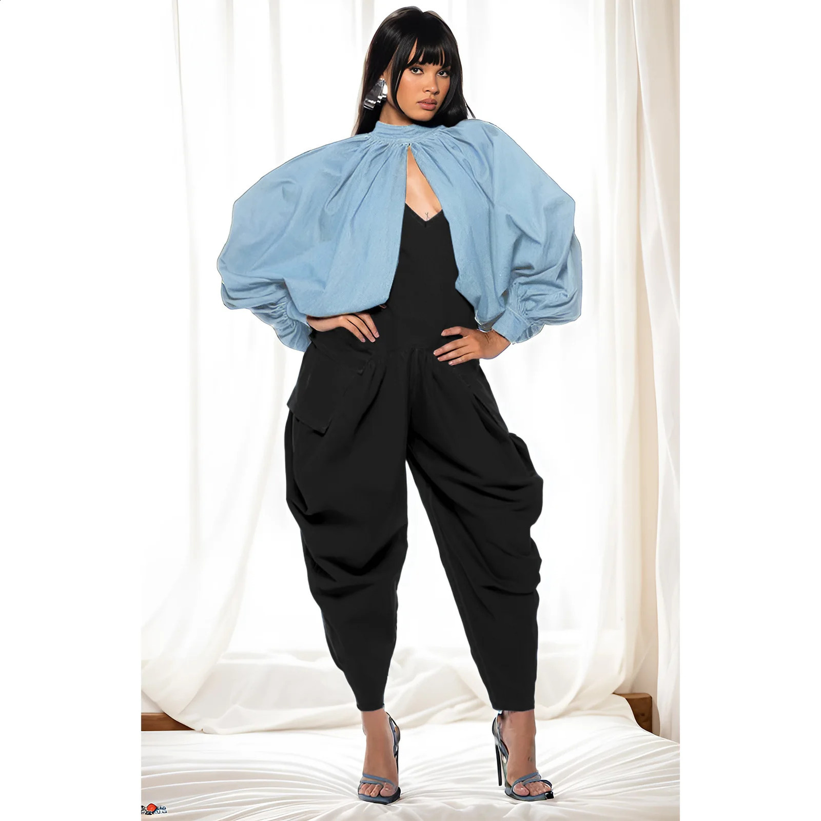Get Spring womens denim jacket 2024 spring stand up batwing sleeves backless loose casual short top 250319
