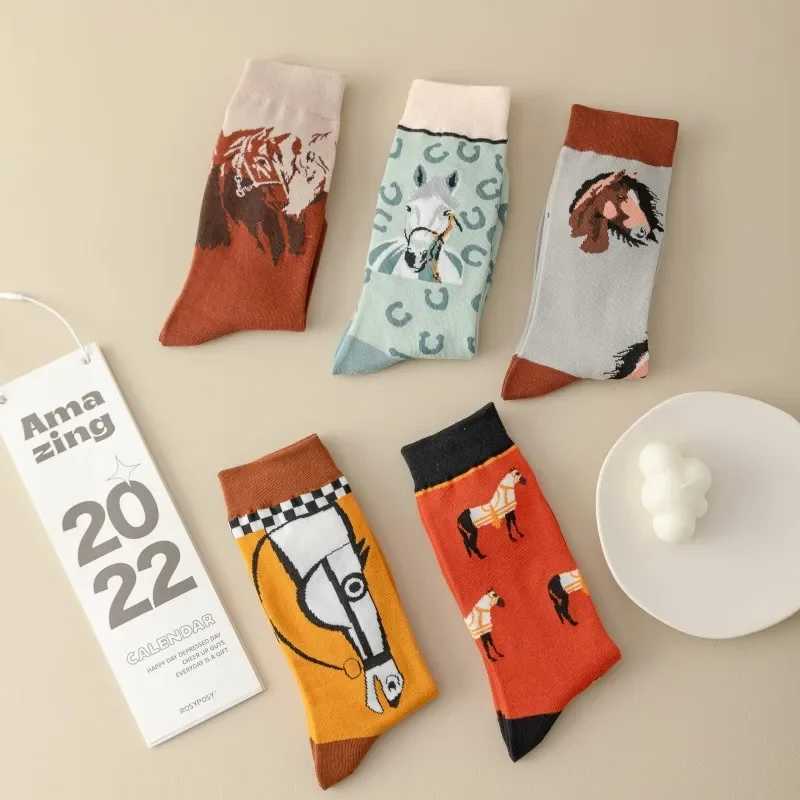 5 Pairs Cartoon Horse Print Socks Comfy Funny Mid Tube Socks Womens Stockings Hosiery X250319