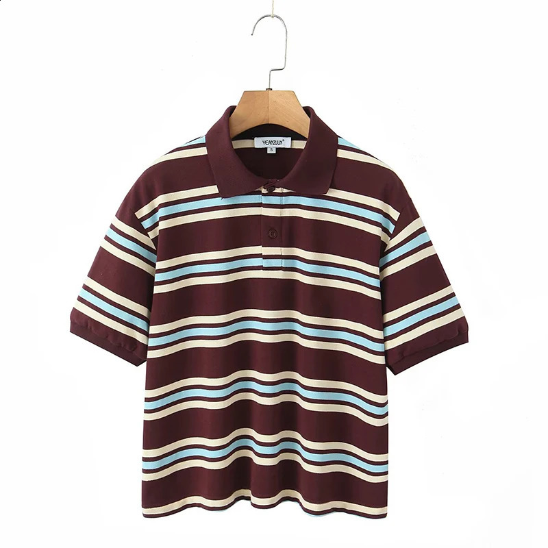 Willshela Women Fashion With Button Striped Pullover Shirts Vintage Polo Neck Short Sleeves Female Chic Lady Tops 250318