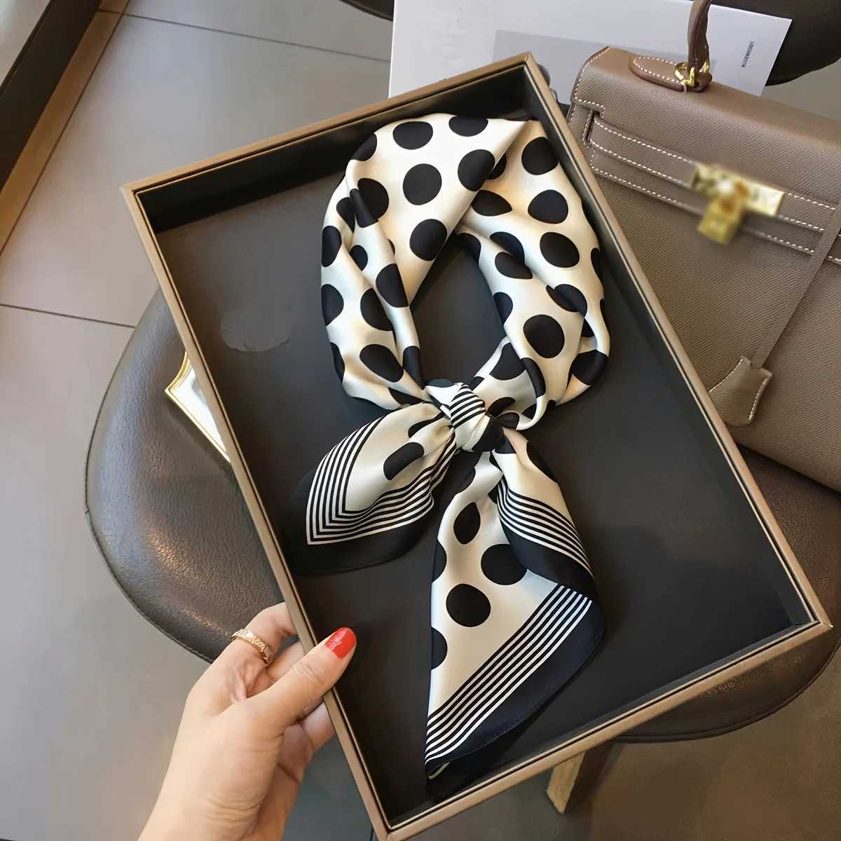 Black white polka dot square scarf elegant style thin silk neck scarf casual decorative headband X250319