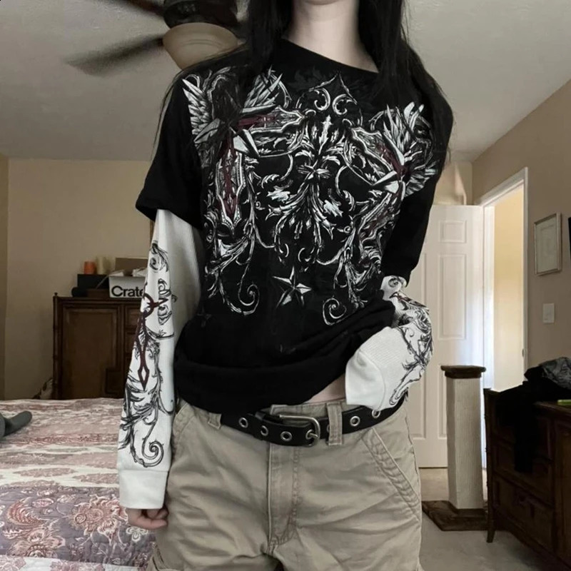 E-girl Gothic Grpahics Print T Shirt Vintage Grunge Mall Goth Pullovers Top Patchwork Long Sleeve Tees Y2K Dark Academia Clothes 250319