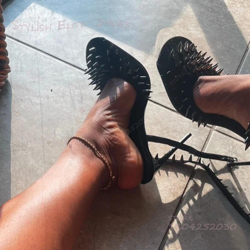 Sandals Round Toe Full Rivet Stiletto Strap Heel Black Women Ankle Wrap With Gold Stone Trim Cover Fringe Shoes